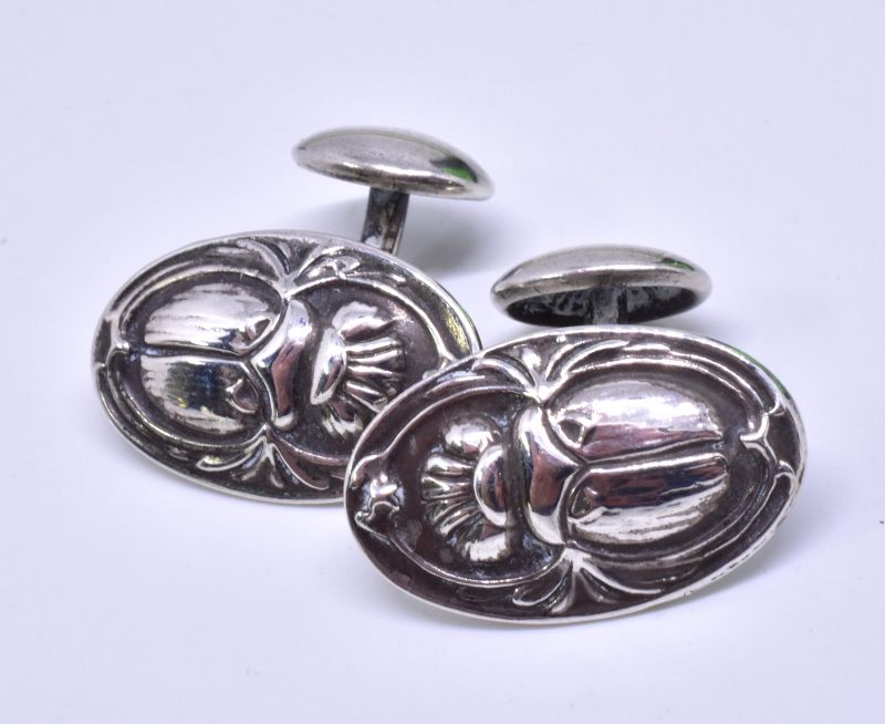 Unger Brothers Egyptian Revival Silver Scarab Cufflinks, circa 1900