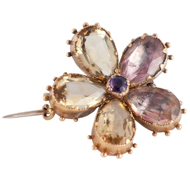 Antique Amethyst Citrine &amp; 18K Gold Pansy Brooch, circa 1820