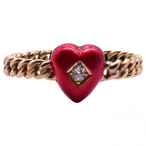 Twisted Shank Enamel Diamond Heart Ring, C. 1900