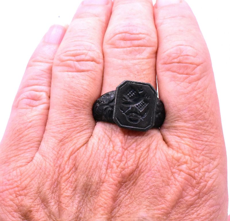 C1815 Berlin Iron Signet Ring w farming tools in size 12