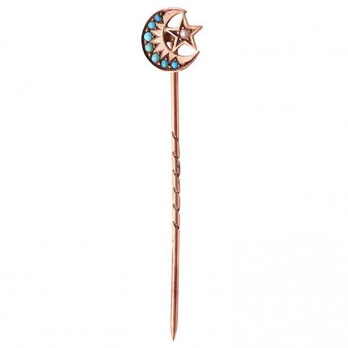 9K Sun Moon and Star Turquoise and Pearl Stickpin HM 1902