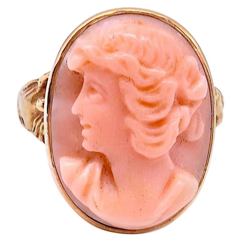 Austrian Art Nouveau 14 Karat Angel Skin Coral Cameo Ring C1910