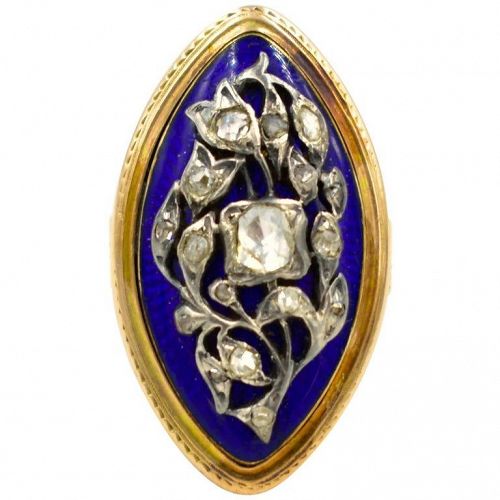 Antique Marquis Shaped 15K Enamel and Diamond Ring "Nipped in the Bud"