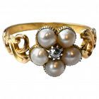 18K Georgian Pearl Forget-Me-Not Ring with Diamond center