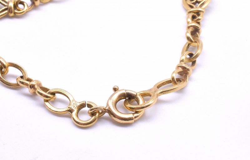 C1880 18 Karat Gold French Filigree Watch Chain w/ 4 Circles Link, 60&quot;