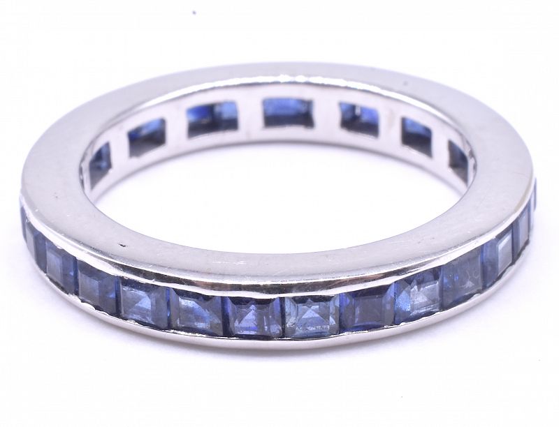 Art Deco Sapphire and 15K White Gold Wide Eternity Band Ring, size 7