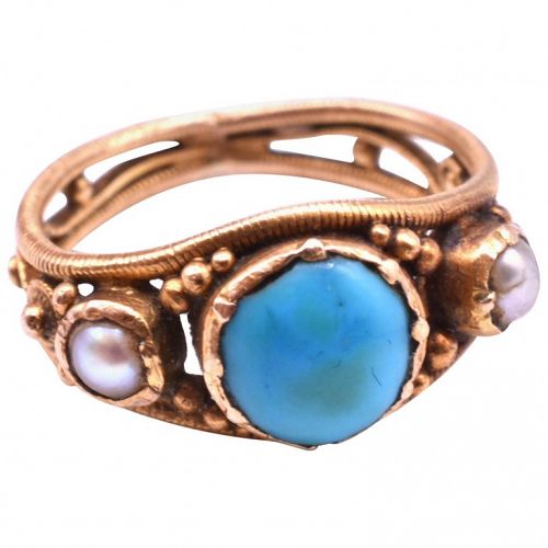 Victorian Baby Ring with Turquoise and Pearls in 15K
