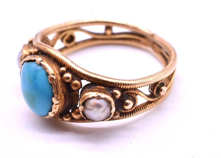 Victorian Baby Ring with Turquoise and Pearls in 15K