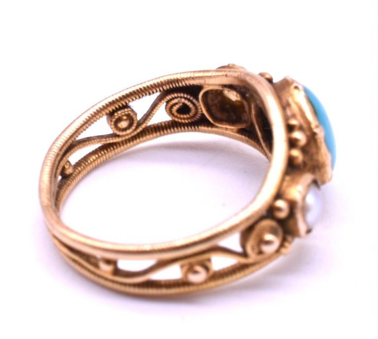 Victorian Baby Ring with Turquoise and Pearls in 15K