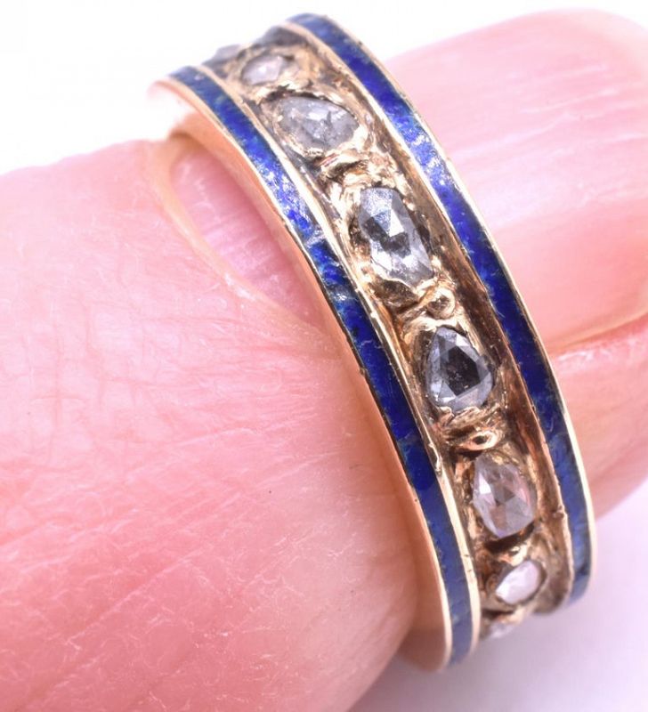 Victorian Baby Ring with Rose Diamonds and Blue Enamel