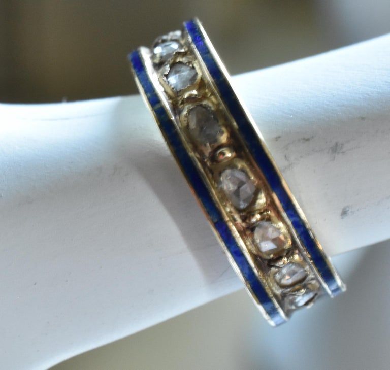 Victorian Baby Ring with Rose Diamonds and Blue Enamel