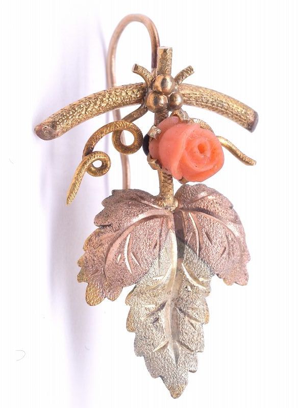 C1900 15 Karat Two Color Gold Coral Rosebud and Leaf Form Earrings
