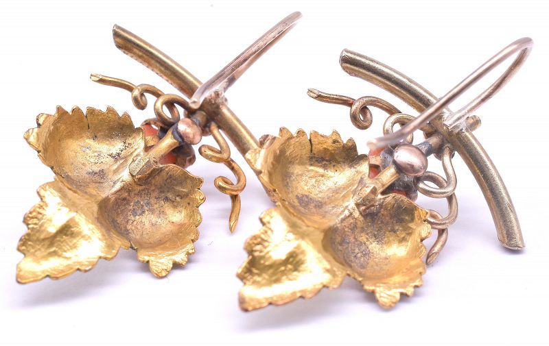 C1900 15 Karat Two Color Gold Coral Rosebud and Leaf Form Earrings
