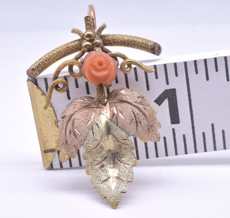 C1900 15 Karat Two Color Gold Coral Rosebud and Leaf Form Earrings