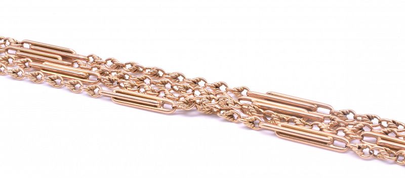 C1900 15 Karat Gold Fancy Link Watch Chain, 51&quot;