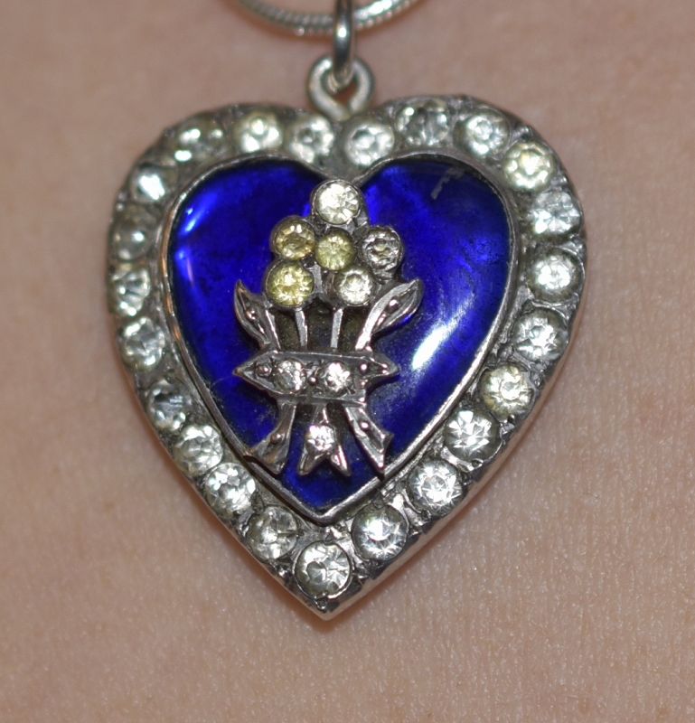 Silver Blue Enamel and Paste Heart Pendant with Bouquet, circa 1860