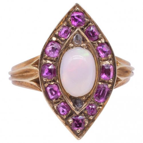 Marquis Shaped Ruby and Opal and Rose Diamond Ring