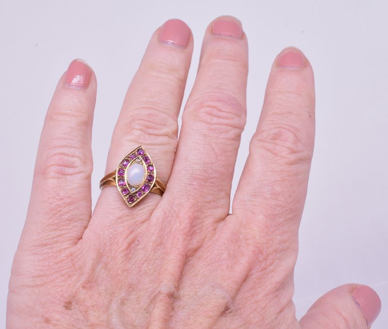 Marquis Shaped Ruby and Opal and Rose Diamond Ring