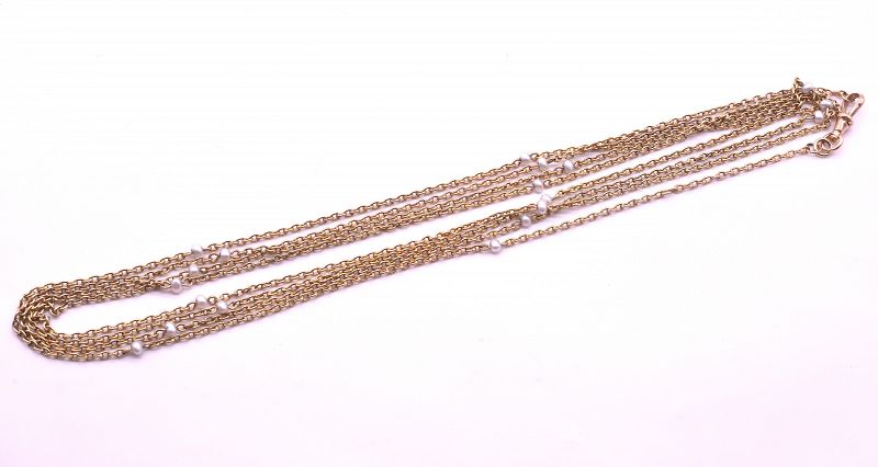 C1890 15 Karat Gold Natural Pearl Watch Chain Necklace, 67&quot;