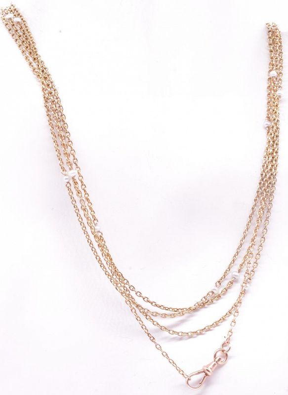 C1890 15 Karat Gold Natural Pearl Watch Chain Necklace, 67&quot;