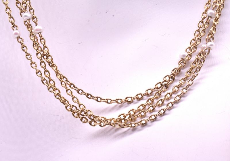 C1890 15 Karat Gold Natural Pearl Watch Chain Necklace, 67&quot;