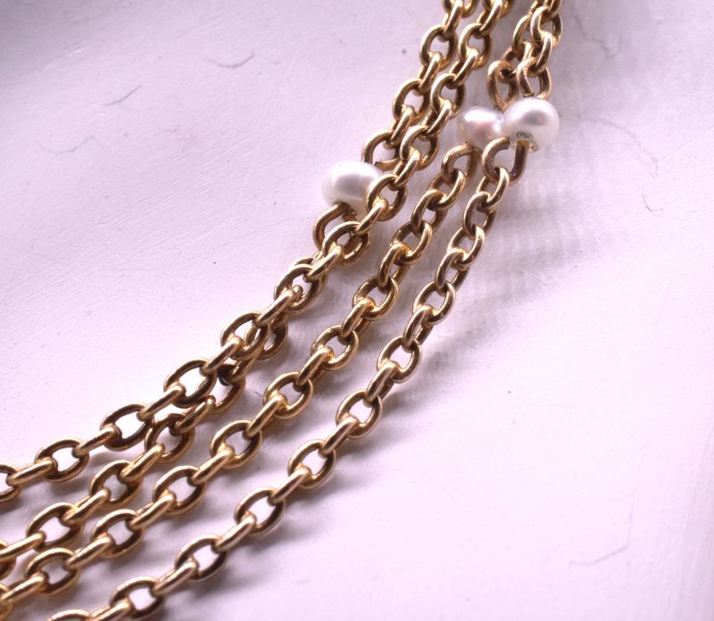 C1890 15 Karat Gold Natural Pearl Watch Chain Necklace, 67&quot;