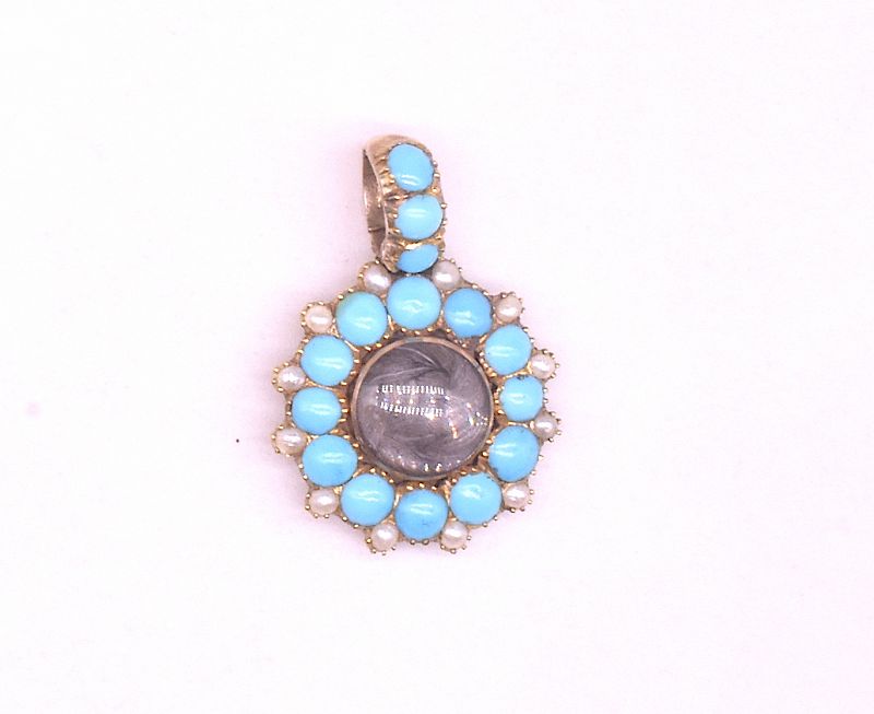 Gold, Turquoise and Pearl Locket Pendant with Bale and Plaited Hair