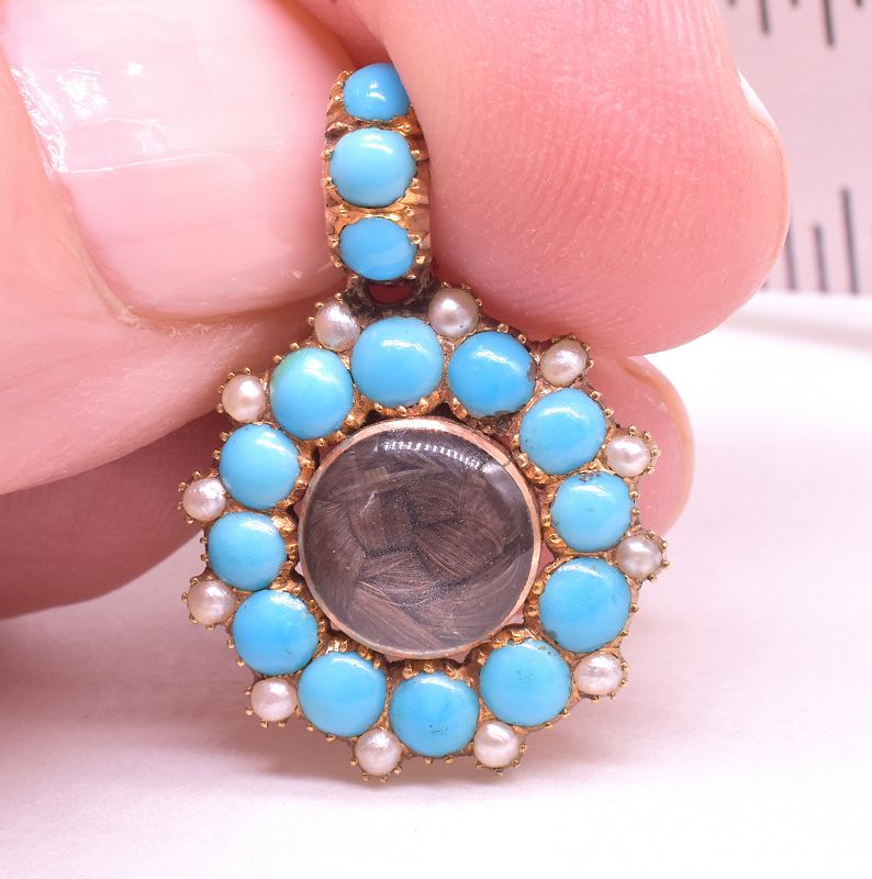 Gold, Turquoise and Pearl Locket Pendant with Bale and Plaited Hair