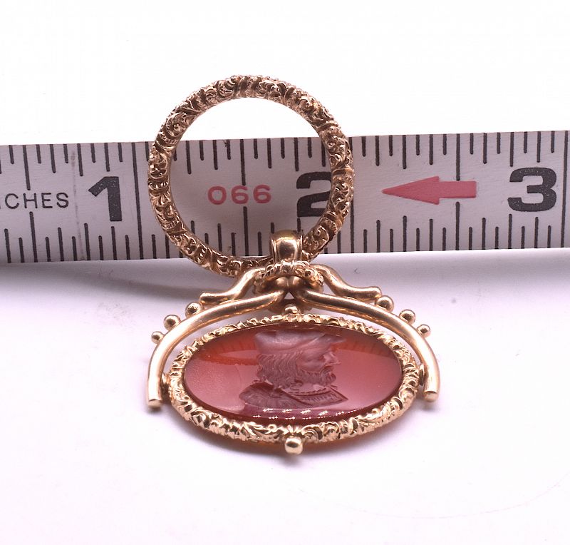 C1820 15k Regency Carnelian Swivel Fob with Repousse Jump Ring