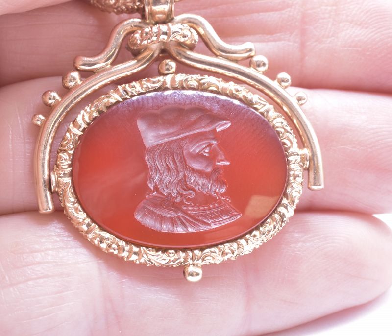 C1820 15k Regency Carnelian Swivel Fob with Repousse Jump Ring