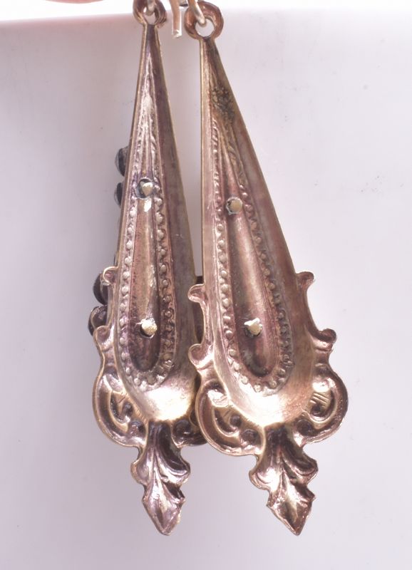 Edwardian Drop Earrings in Gilt Metal with Faceted Round Steel Detail