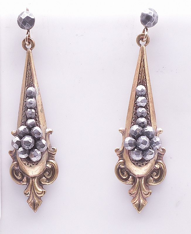 Edwardian Drop Earrings in Gilt Metal with Faceted Round Steel Detail
