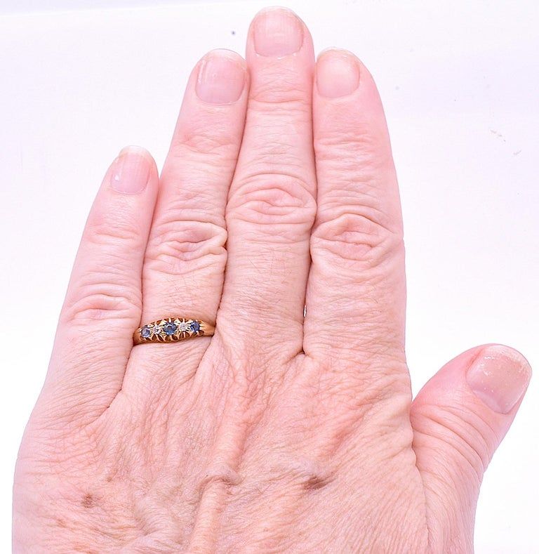 C1910 18k 3 Sapphire and 2 Diamond Yellow Gold Band Ring