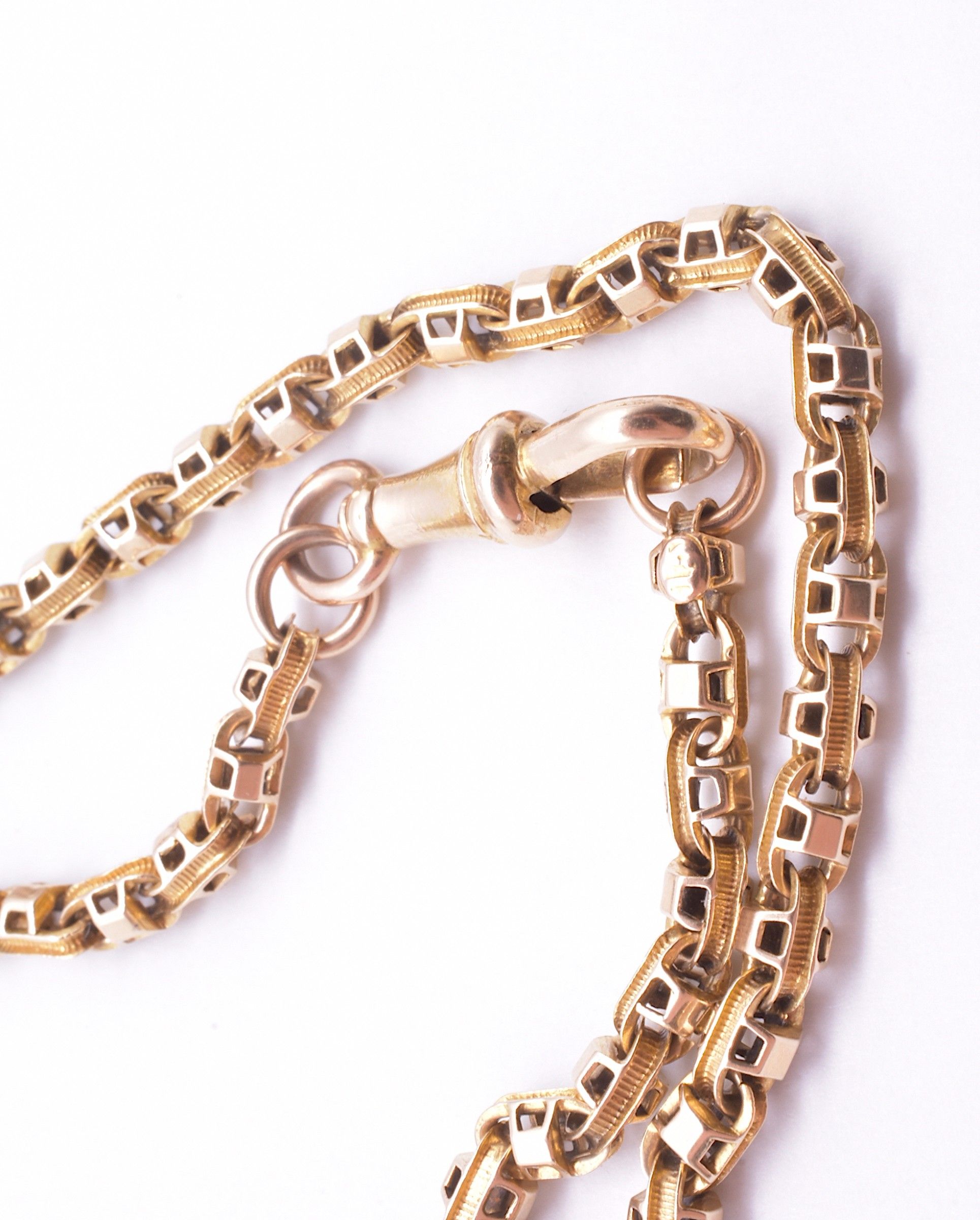 C1890 15 Karat Gold Fancy Box Link Victorian Long Guard Chain, 60&quot;