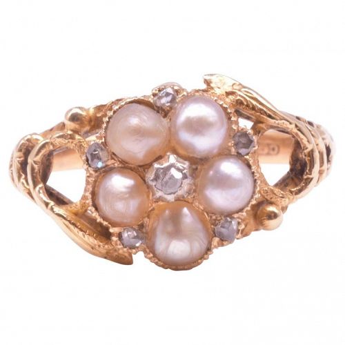 HM1864 Pearl Forget Me Not Ring with Serpent or Snake Shoulders