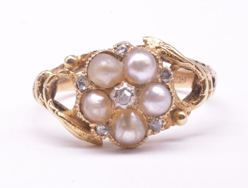 HM 1813 Pearl Forget Me Not Ring with Serpent or Snake Shoulders