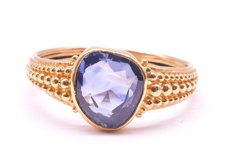 C.1830 18K Gold Heart Shaped Natural Sapphire Ring with Gold Beadwork