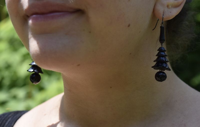 Victorian Whitby Jet Earrings with Dangling Jet Balls