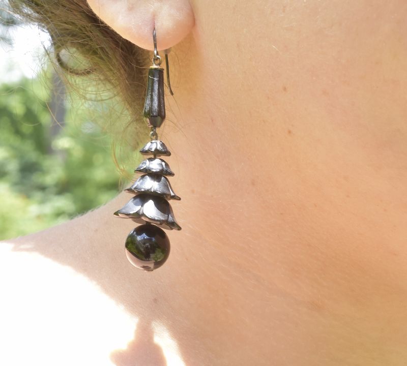 Victorian Whitby Jet Earrings with Dangling Jet Balls