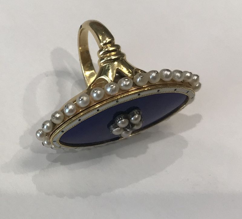 Antique Royal Blue Enamel and Pearl Ring