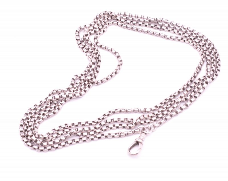C.1880 Sterling Silver Venetian Box Link Watch Chain, 64&quot;