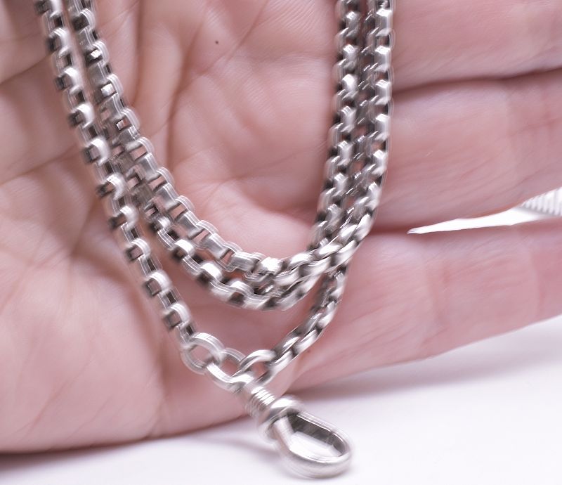 C.1880 Sterling Silver Venetian Box Link Watch Chain, 64&quot;