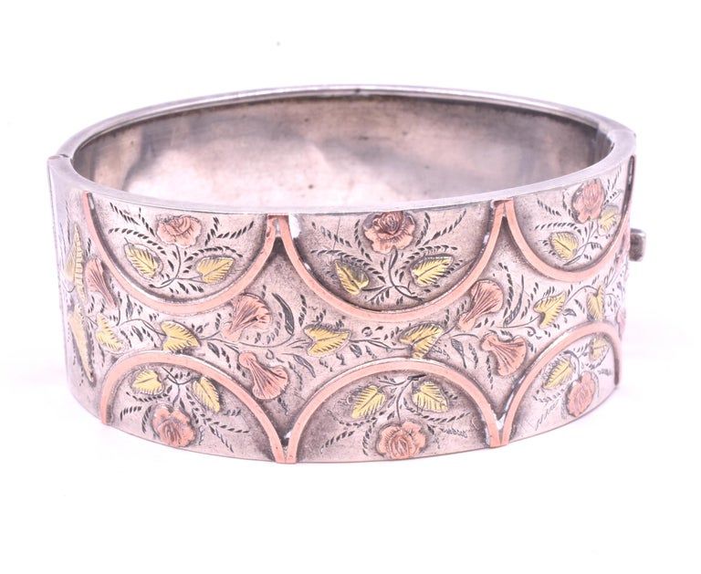 Victorian 2 Color Gold Cuff Bracelet of Carved Leaves Lilies and Roses