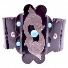 C.1880 Carved Whitby Jet Bracelet w Silver and Turquoise Accents