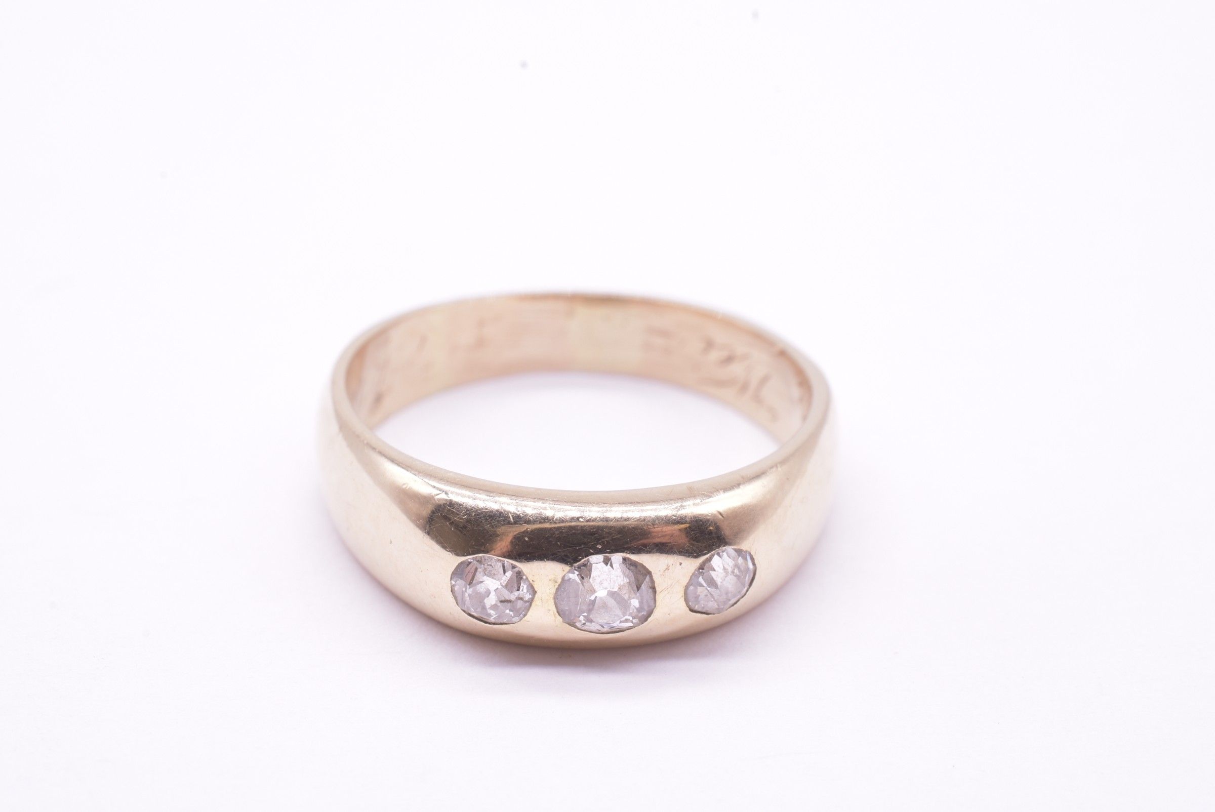 18 Karat Gypsy Ring w 3 Round Diamonds, dated 1909
