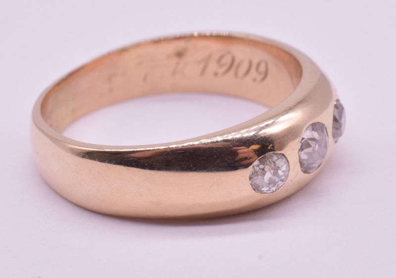 18 Karat Gypsy Ring w 3 Round Diamonds, dated 1909