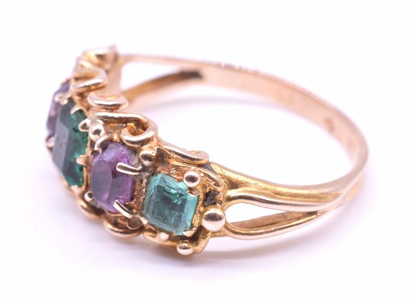 15K C1900 Half Hoop Five Stone Emerald and Amethyst Ring