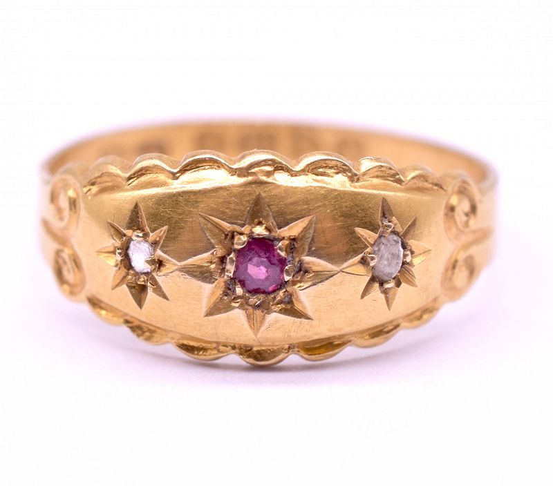 Antique 18K Ruby and Diamond Gypsy Ring w Scalloped Gold Band, HM 1913