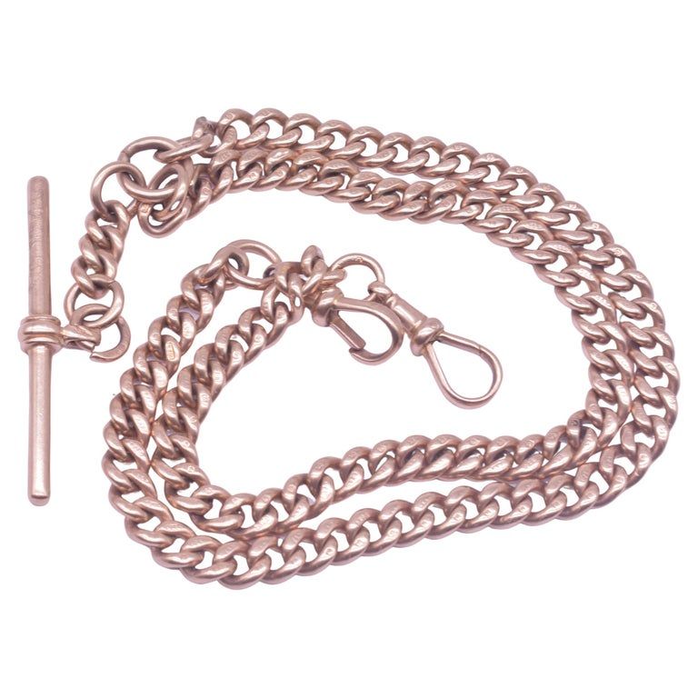 Victorian Curb Link 9 Karat Albert Chain w T Bar, 16.5” Long