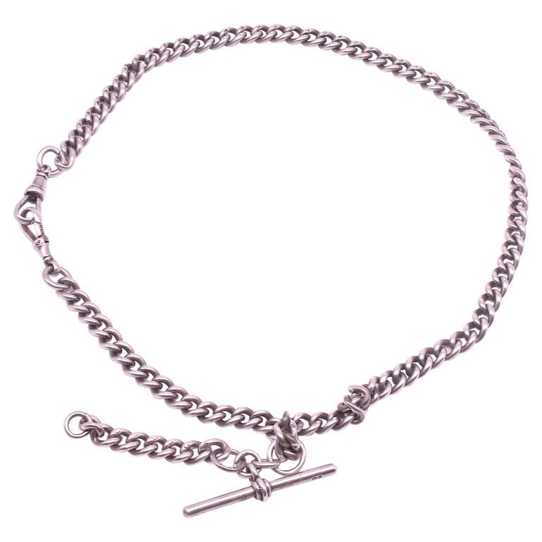 HM1909 Sterling Silver Curb Link Albert Chain w T Bar, 18" Long